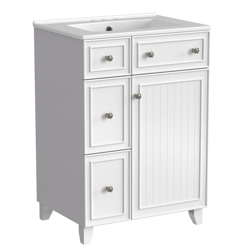 24" Bathroom Vanity Cabinet with Ceramic Sink, 2 Drawers & Door, White