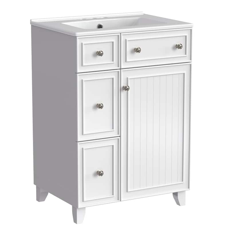 GDFStudio - Luna Wood & Ceramic 24" Bathroom Vanity Cabinet with Drawers & Door