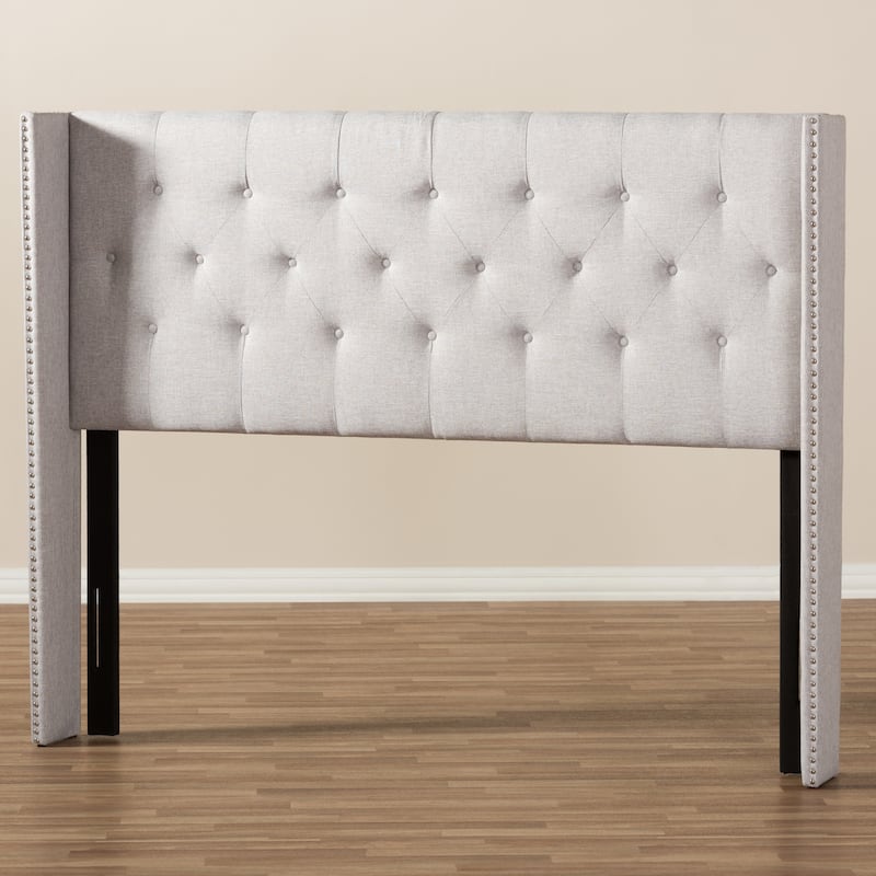 King Size Winged Headboard - Fabric Upholstered Bed Headboard, Greyish Beige, Button Tufted Nailhead Trim