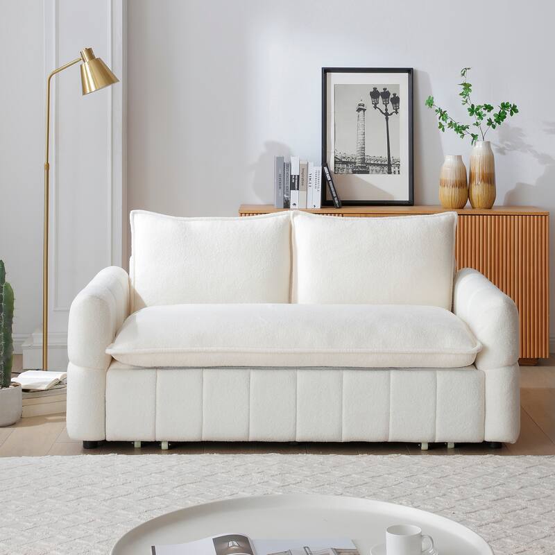 Beige Convertible Loveseat Sleeper Sofa Couch with Metal Frame, 2-Seater Sofa Couch Pull-Out Sofa Bed with Armrests - Beige