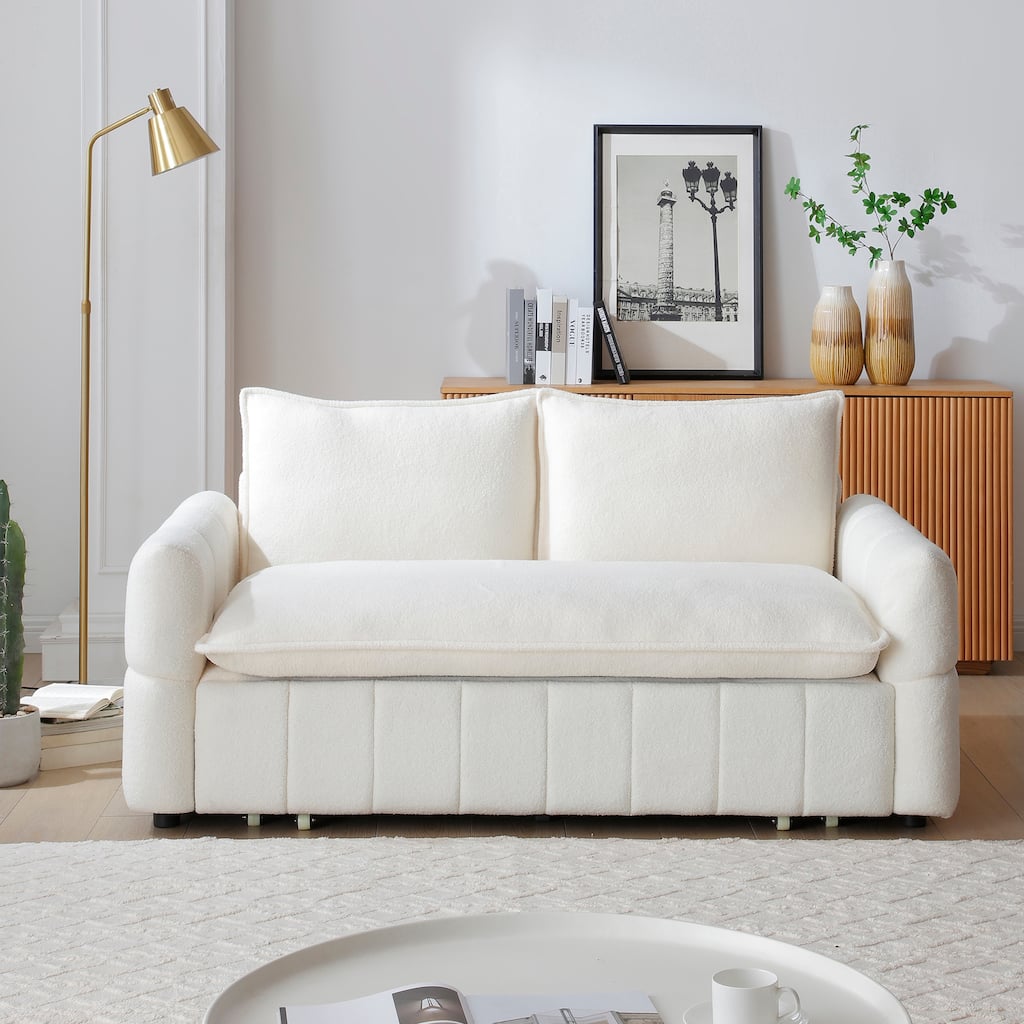 Beige Convertible Loveseat Sleeper Sofa Couch with Metal Frame, 2-Seater Sofa Couch Pull-Out Sofa Bed with Armrests