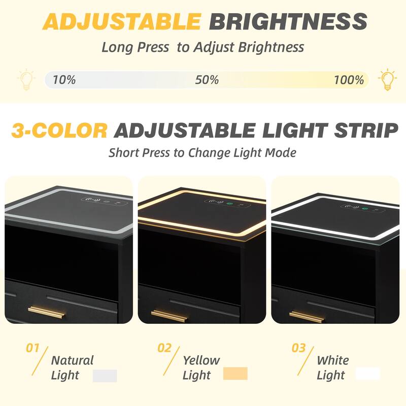EROMMY Smart Nightstand with Wireless Charging, USB Ports, and Adjustable LED Lighting – Modern Bedside Table with 3 Drawers