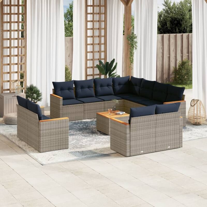 vidaXL 11/12 Piece Patio Sofa Set with Cushions Black/Gray Poly Rattan - 24.4 x 24.4 x 27.2 - Gray With table