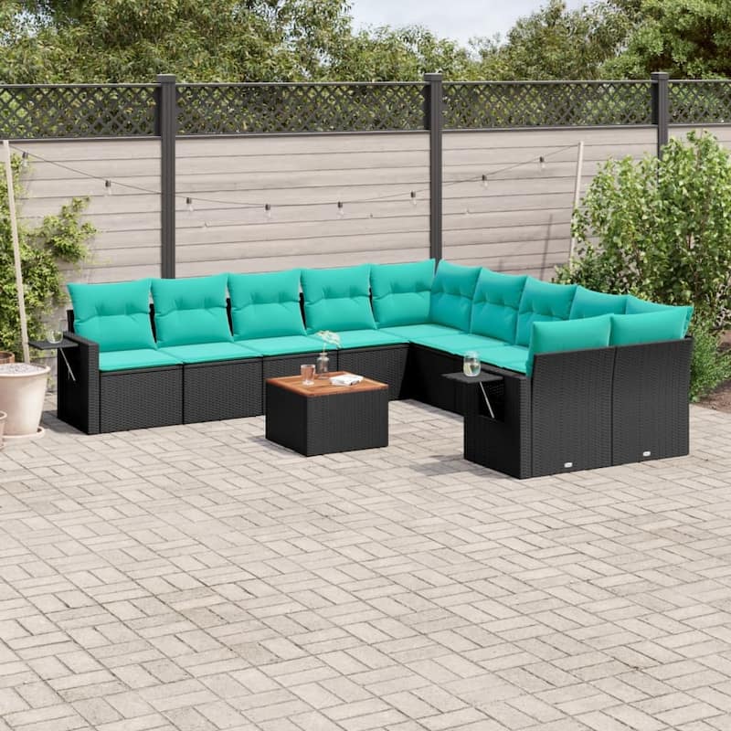 vidaXL 11 Piece Patio Sofa Set with Cushions Black Poly Rattan - 24.4" x 24.4" x 27.2" - Black  - form4