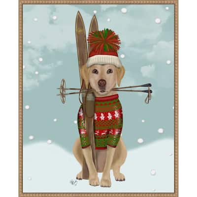 Yellow Labrador Skiing by Fab Funky (23 x 28 in.), Framed Canvas Wall Art Print - Sylvie Beaded Rustic Natural