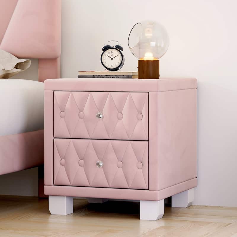 18.1" Luxurious Velvet Nightstand Bedside Table with 2 Drawers & Crystal Handle