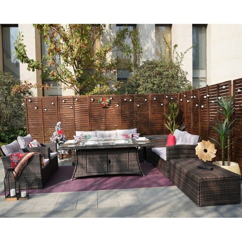 Leavitt 7-Piece Patio Wicker Chat Set with Fire Pit Table