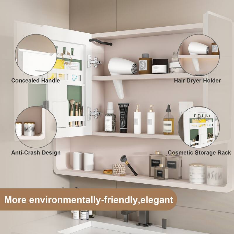 Mirror Cabinet with 3 Colors LED Light,Defogging and Hair Dryer Holder