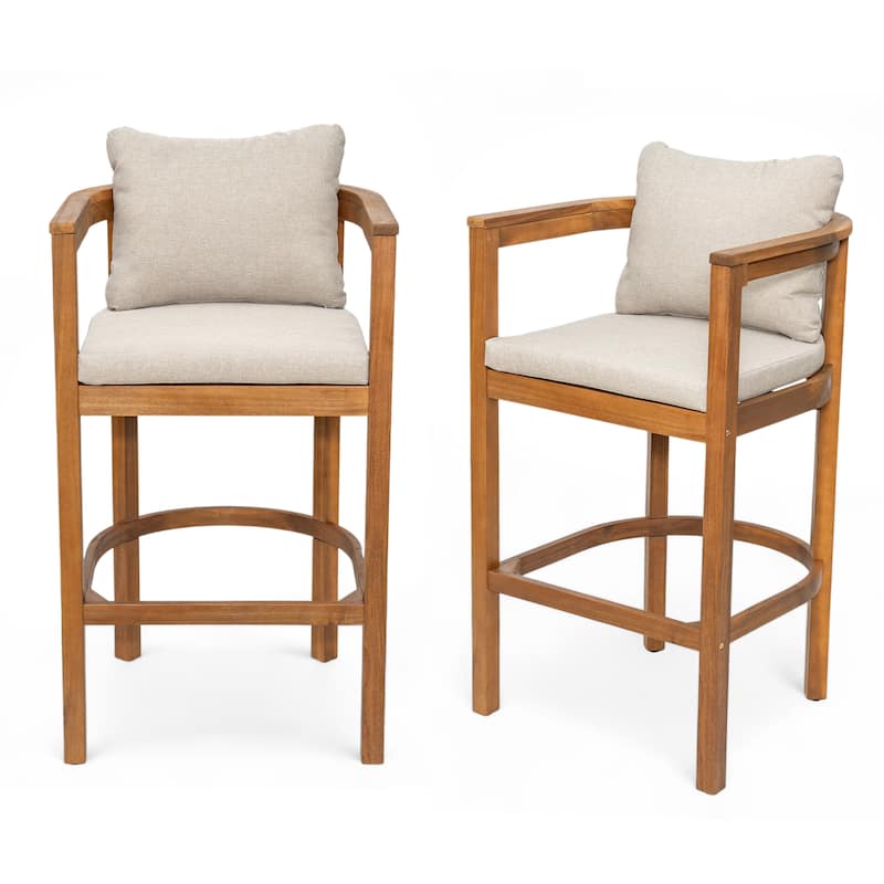 Roomfitters Abaco Outdoor Acacia Wood Barstools with Cushions, Teak Finish and Beige Set of 2 - Beige