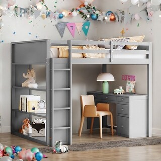 Full Size Loft Bed With Ladder,Shelves and Desk for Home