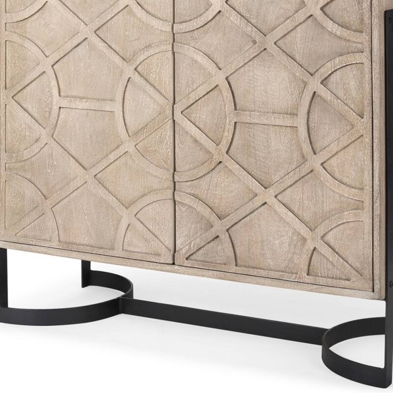 HomeRoots 37" Brown and Black Solid Wood and Metal Carved Geometric Accent Cabinet With Two Doors