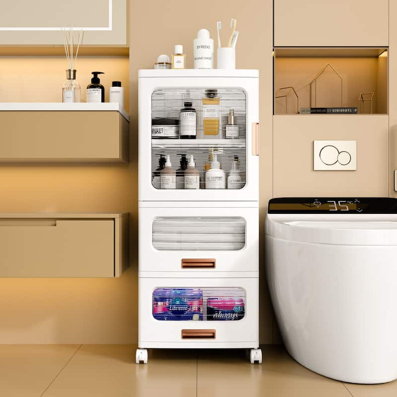 Javlergo Versatile White 5-Tier Rolling Storage Cabinet with Transparent Doors & Drawers Multi-Room Organizer with Wheels