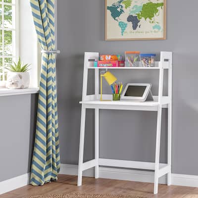 RiverRidge Kids Art Table Desk with Ladder Shelf and Open Storage Shelf for Playroom - White