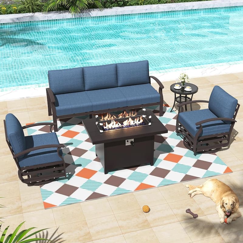 Aluminum Patio Furniture Set with FirePit Ottomans Swivel Chairs,Sectional Sofa with Thick Seat Cushions for Porch Garden - 5-Seats w/Swivel - Navy Blue
