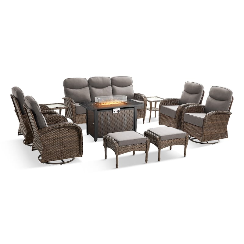 Pocassy Outdoor Sofa Swivel Chair and Ottman with 43in Fire Pit Table