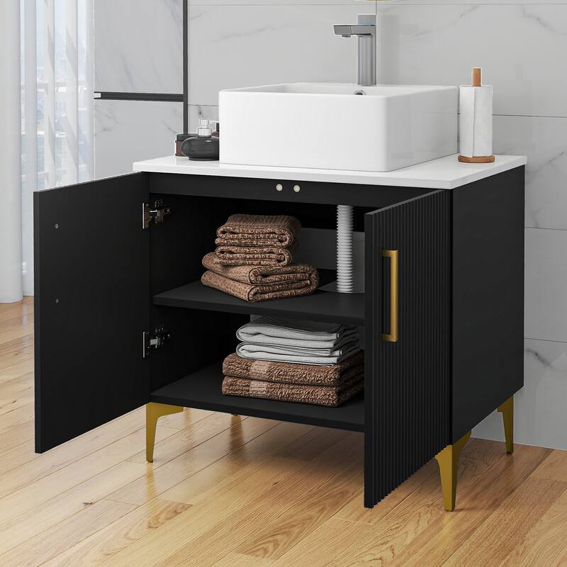 Freestanding Bathroom Vanity with White Stone Top Soft Close Doors and Gold Accents
