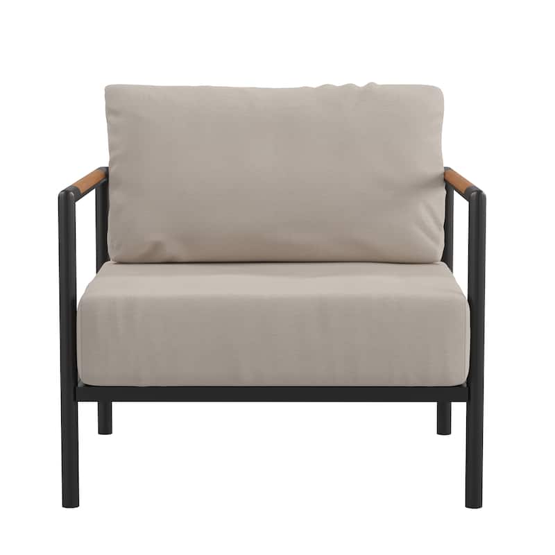 Aluminum Frame Patio Chair with Teak Arm Accents and Plush Cushions - 32.5"W x 29.5"D x 24.5"H