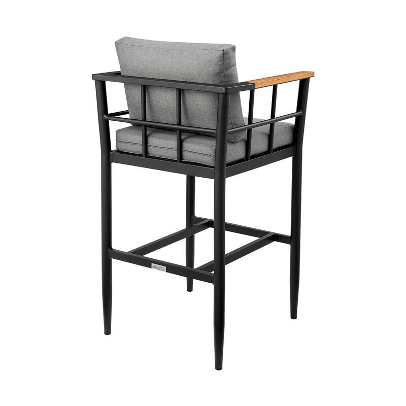 Orlando Outdoor Patio Counter or Bar Height Bar Stool in Aluminum and Teak with Grey Cushions