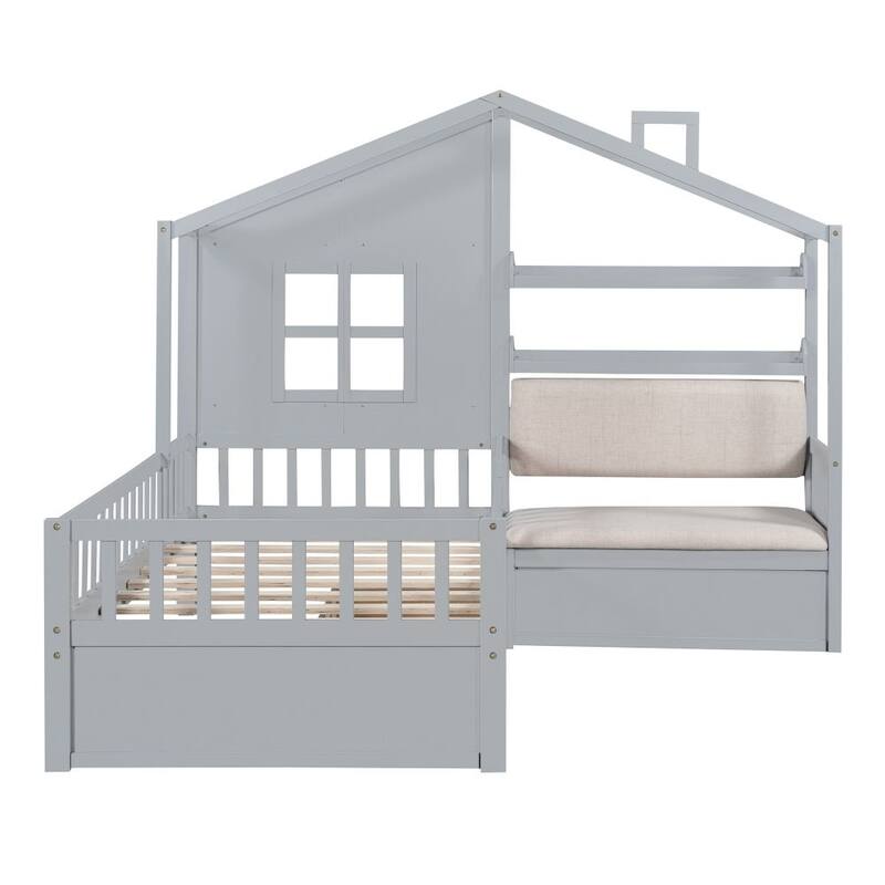 Twin Size House Bed with Sofa, Kids Platform Bed with Two Drawers and Storage Shelf