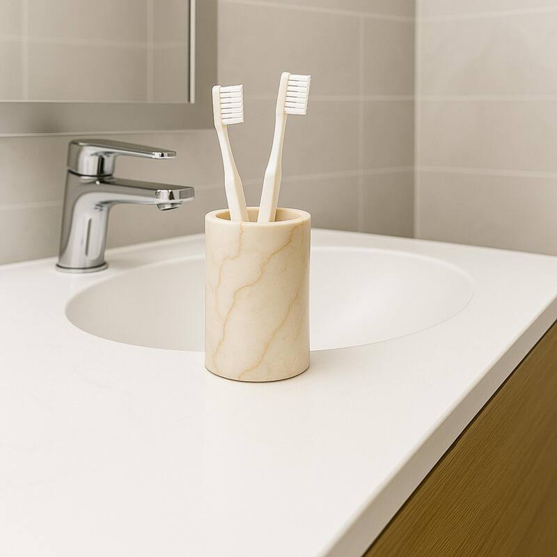 Creative Home Fenway Collection Champagne Marble Tumbler, Toothbrush Holder, Makeup Brush Organizer - Beige