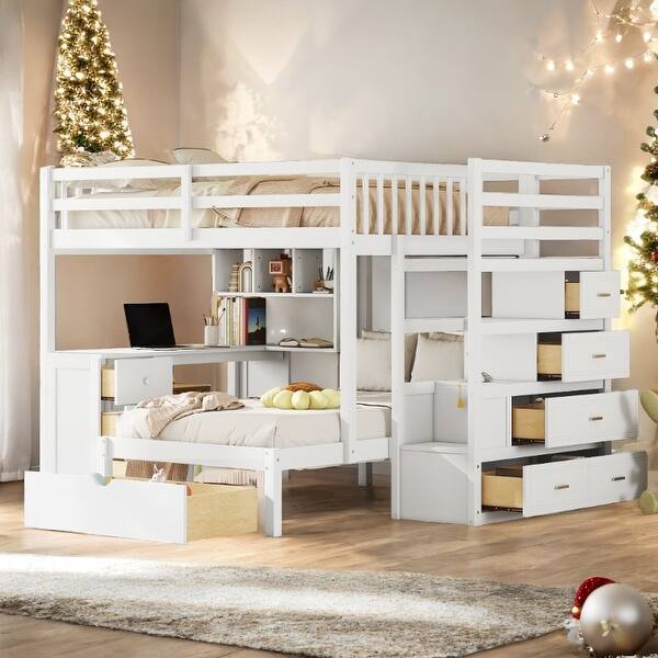 slide 2 of 36, Full over Twin Bunk Bed with Desk, Drawers and Shelves,Multifunctional Loft Bed with Storage White
