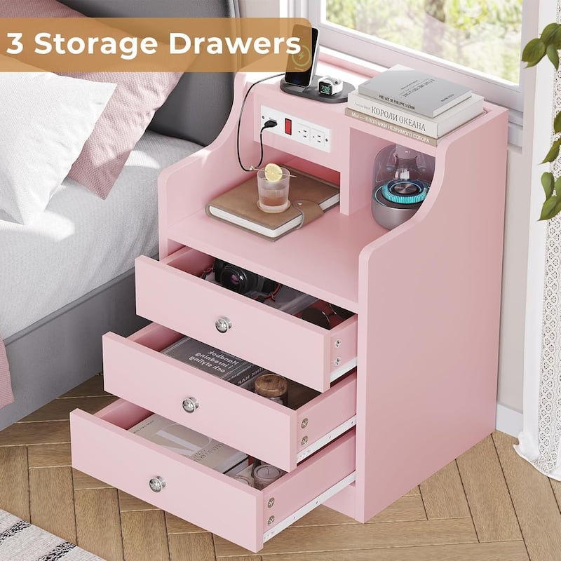 Small Nightstand 3 Drawers Charging Station End Side Table