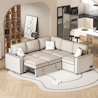 L-shaped Cream Linen Fabric Convertible Sleeper Sofa with Pull-out Bed ...