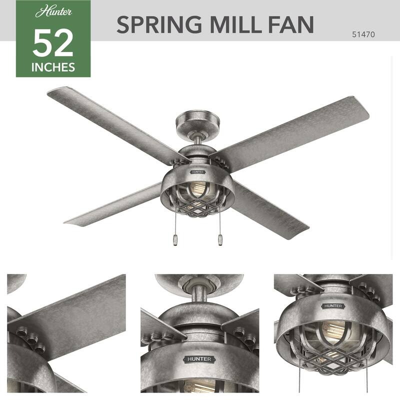 Hunter 52" Spring Mill Outdoor Ceiling Fan w/ LED Light and Pull Chain, Damp-Rated - Industrial, Transitional, Caged