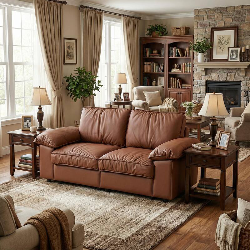 Roomfitters Modern Overstuffed Upholstered Loveseat with Padded Pillow Arms, Comfortable 2 Seater Couch for Living Room