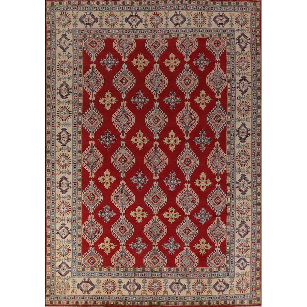 Hand Knotted Oriental 100% Wool Carpet Traditional Geometric Red Kazak Area Rug - 12' 10'' X 9' 6''