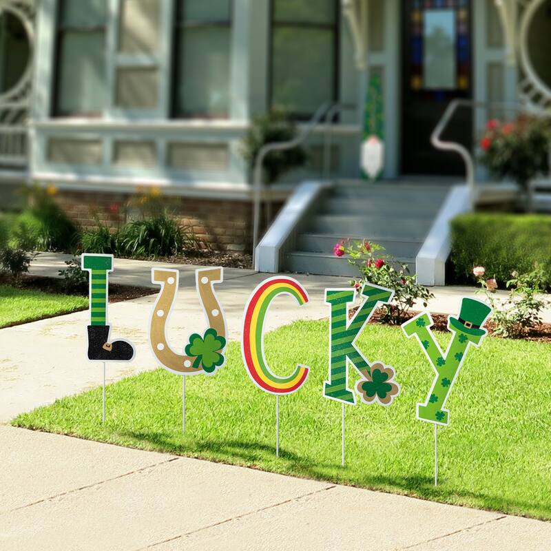 Glitzhome St. Patrick's Metal LUCKY Leprechaun Yard Stakes or Wall Sign