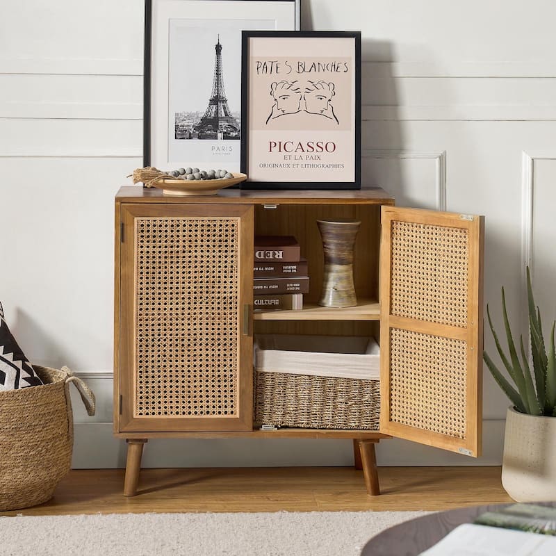 Woodland Multifunctional Rattan-Accented 2-Door Storage Stackable Buffet Cabinet with Solid and Wood Frame by HULALA HOME