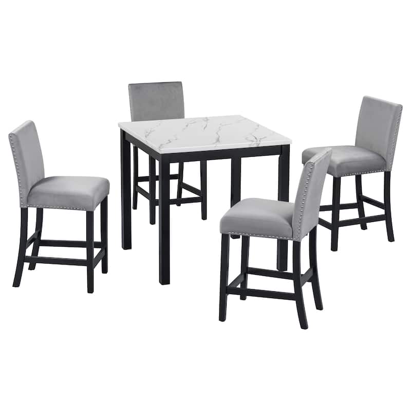 GDFStudio - Vornell Modern 5-Piece Counter Height Dining Table Set with Faux Marble Top & 4 Velvet Upholstered Chairs
