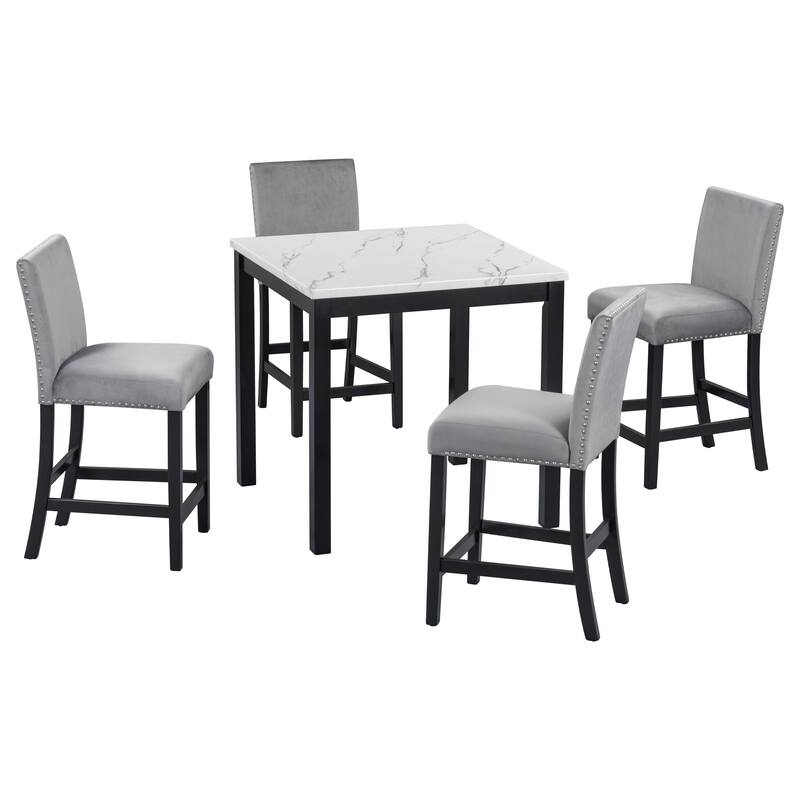 Roomfitters 5-Piece Counter Height Dining Table Set with Faux Marble Square Table and Velvet Upholstered Chairs