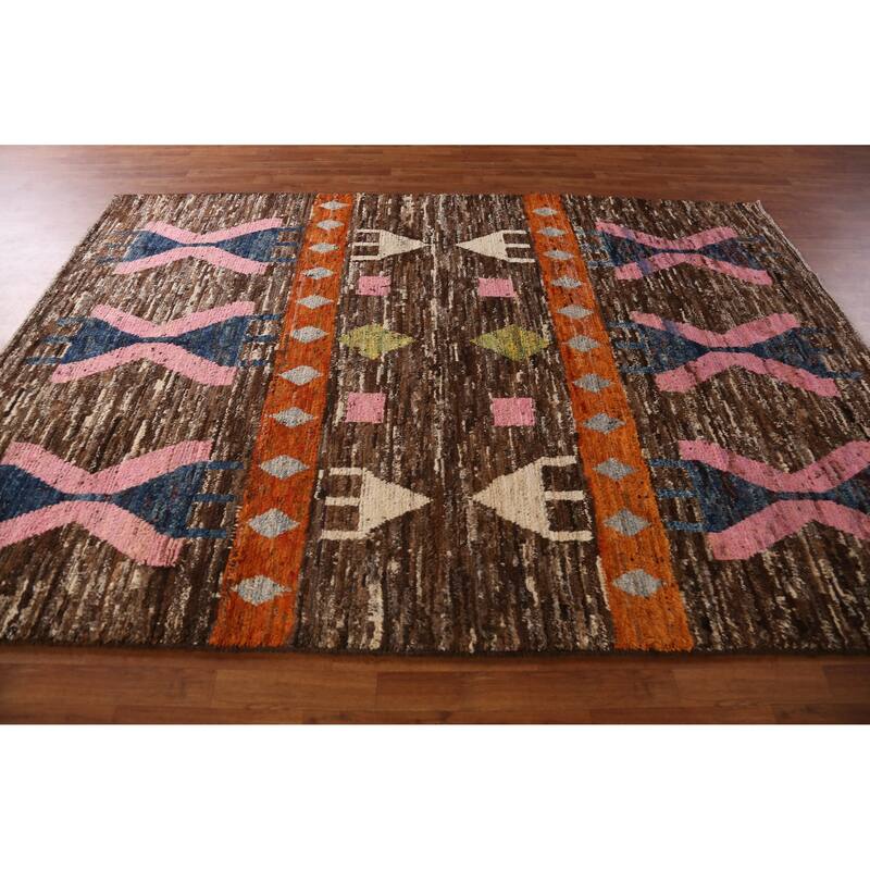 Brown Geometric Moroccan Area Rug Hand-Knotted Wool Carpet - 6'10" x 9'10"
