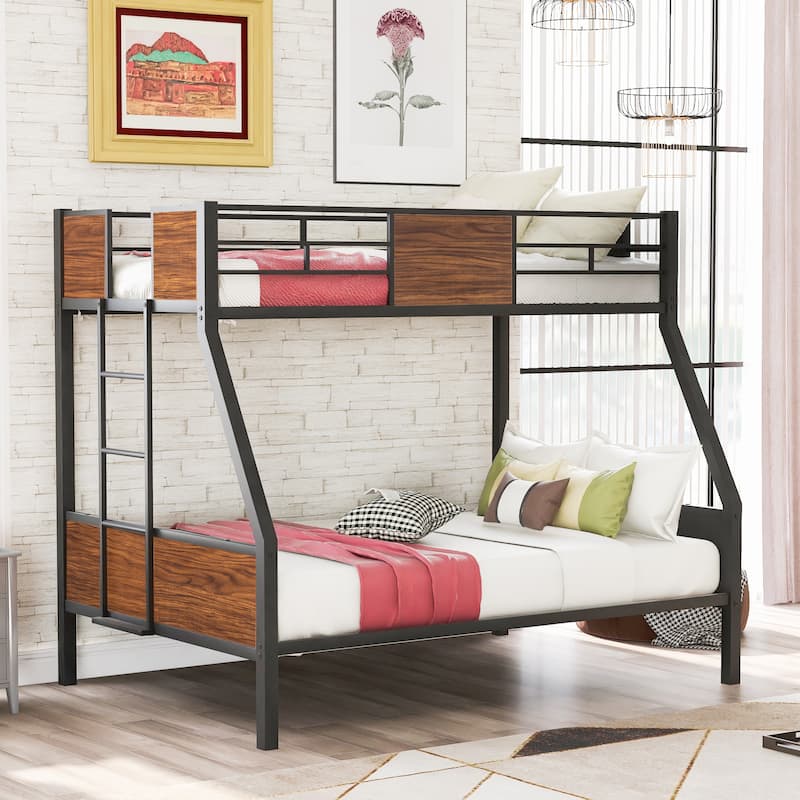 Twin-Over-Full Metal Bunk Bed, Steel Bedframe with Guard Rail & Ladder - Walnut/Black - Full