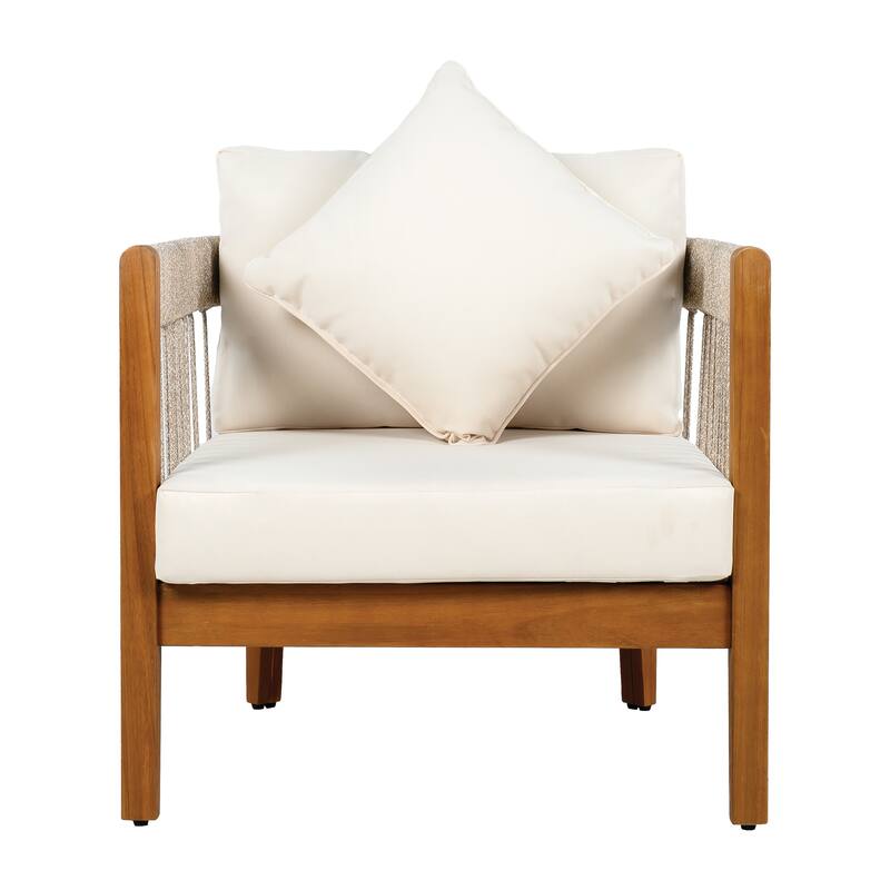 Acacia Wood Outdoor Club Chair with Handwoven Rope Accents & Curved Backrest - Water-Resistant with Removable Cushions