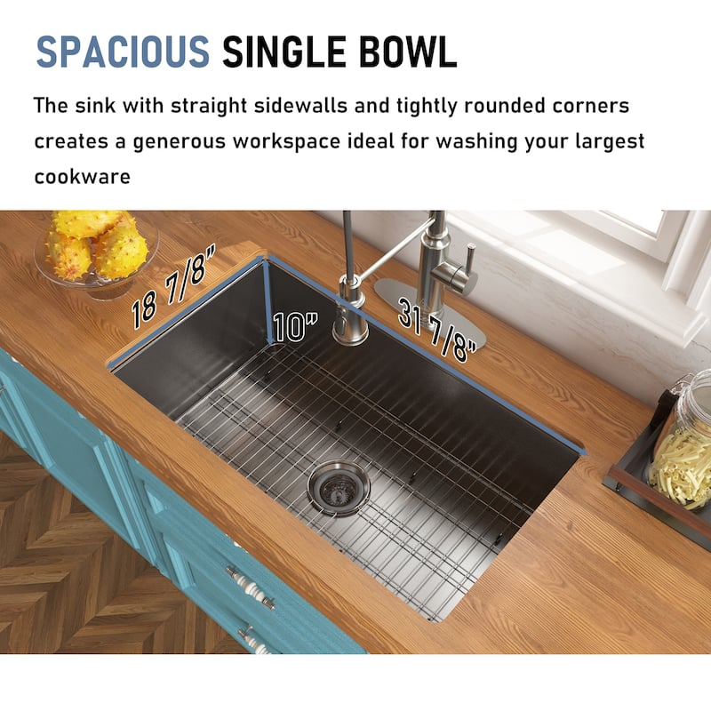 CASAINC Undermount Single Bowl Fireclay Kitchen Sink with Bottom Grid and Strainer, cUPC Certified