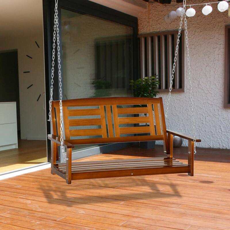 2-Seat Hanging Porch Swing, Slatted Design, Chains, 440 lbs Capacity