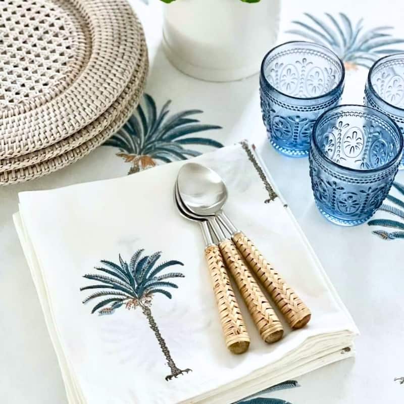 Blue Palm Cotton Napkins - Set of 4 - 18"x18" - Blue