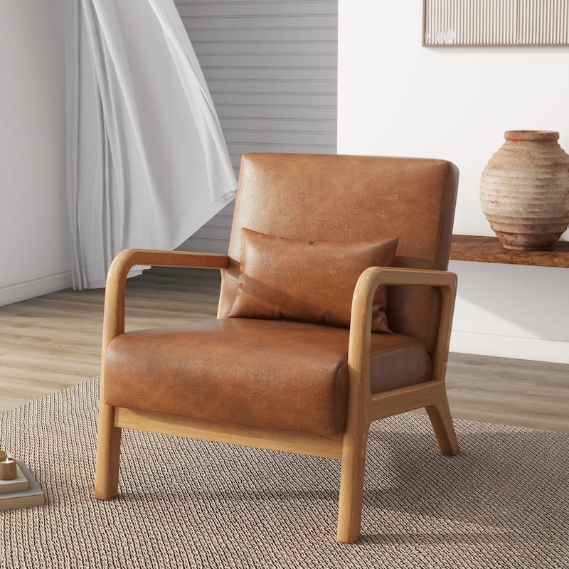 Mid Century Modern Upholstered Wood Frame Accent Chair - Single - Light Brown-Vegan Leather