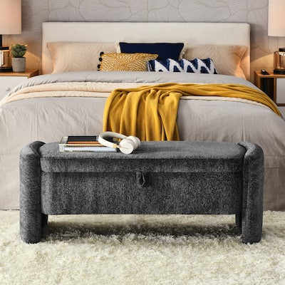 Gray Chenille Fabric Oval Storage Bench - Large Storage Space