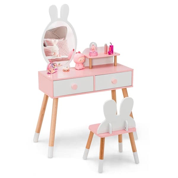 slide 2 of 20, Gymax Kid Vanity Set Makeup Table Stool with Drawer Shelf Wood Leg White