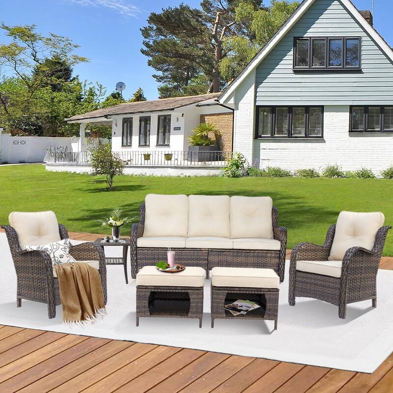 Brown Wicker Outdoor Patio Furniture Sofa Set with Denim Blue Cushions
