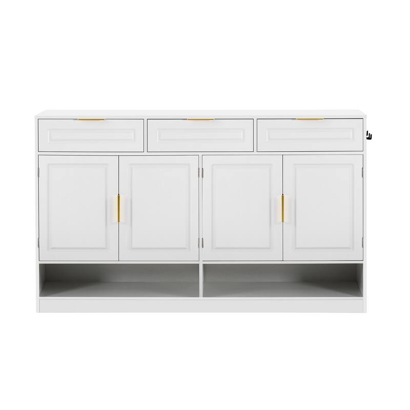 Multi-Functional Storage Buffet with 3 Drawers & 4 Doors, Sideboard with Adjustable Shelf and Open Storage Compartments