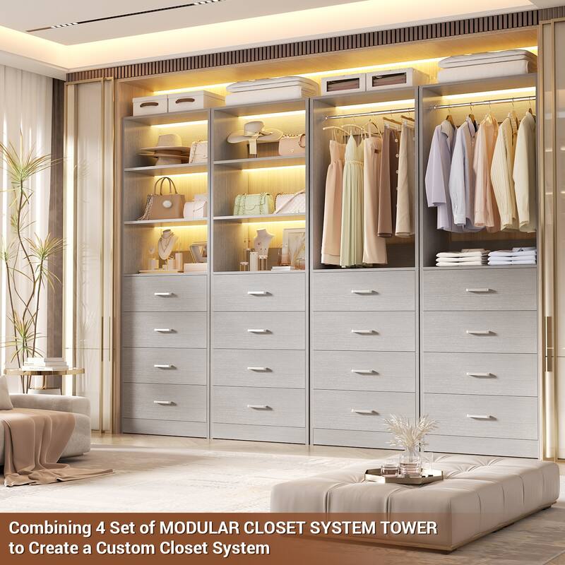 Freestanding Closet Organizer with 4 Drawers and 4 Shelves, Wooden Closet System for Walk-in Closet