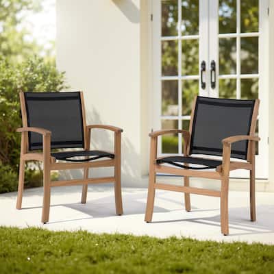Outdoor Wooden Armchairs with Textilene Back (Set of 2)