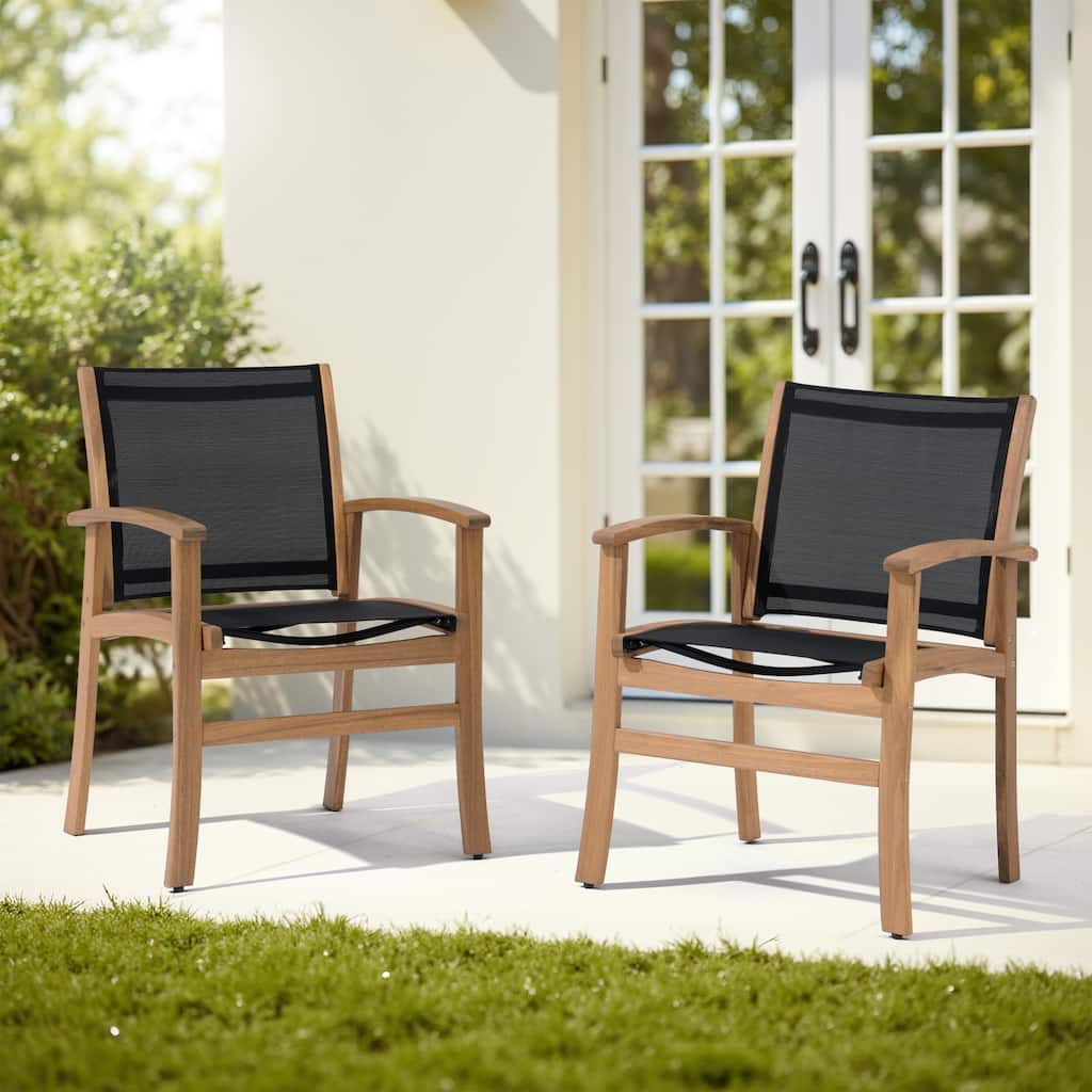 Outdoor Wooden Armchairs with Textilene Back (Set of 2)