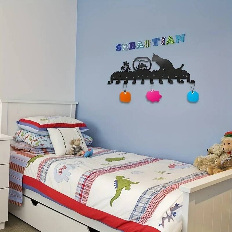 Adorable Kitty Black Iron Wall Mounted Rack with 10 Hooks for Entryway or Bedroom - 13.78”L x 5.51”H