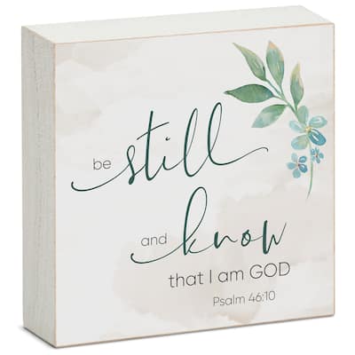 Wood Block Décor Message Be Still and KnowSign, 3.75 inches Square, Made in The USA - Multi-40